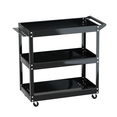 Giantz Black 3-Tier Tool Cart Trolley - Steel, 150kg Capacity, Lockable Castors, Screwdriver Holder, 79x35.5x74