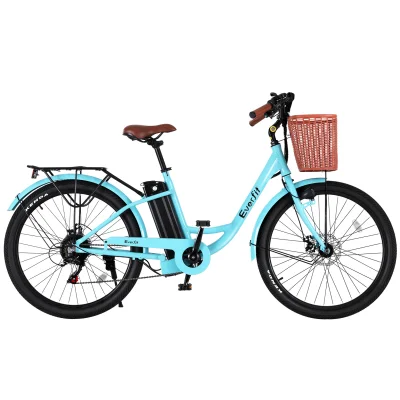 Everfit 26" Electric City Bike, 250W Brushless Motor, 7-Speed, 36V Removable Battery, Basket, Alloy Frame, Blue