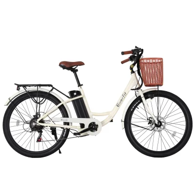 Everfit 26" Electric City Bike, 250W Brushless Motor, 7-Speed, 36V 13Ah Battery, Aluminium Frame, Basket, Blue/White