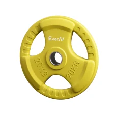 Everfit 20kg Weight Plate Cast Iron Rubber Coated 3-Grip Barbell Dumbbell Plate Home Gym Yellow 50.6mm Hole