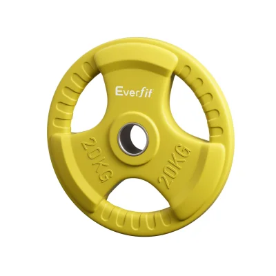 Everfit 20kg Weight Plate Cast Iron Rubber Coated 3-Grip Barbell Dumbbell Plate Home Gym Yellow 50.6mm Hole