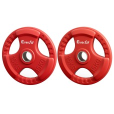 Everfit 15kg Weight Plates Pair – Red Rubber Coated Cast Iron, Triple Grip, 50.6mm Hole, for Home Gym, Barbell, Dumbbell