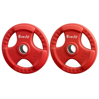 Everfit 15kg Weight Plates Pair – Red Rubber Coated Cast Iron, Triple Grip, 50.6mm Hole, for Home Gym, Barbell, Dumbbell