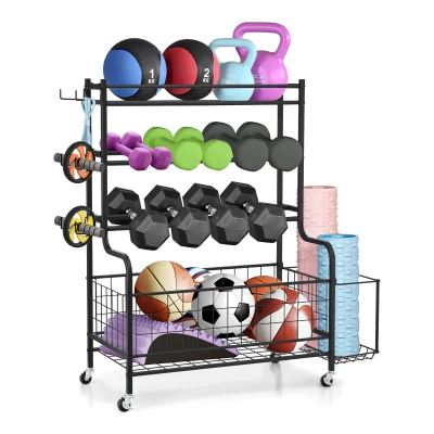 Everfit Multi-Functional Dumbbell Rack - Heavy-Duty Iron, 89x39.5x100cm, Black, Space-Saving Design with Lockable Wheels