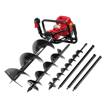 Giantz 92CC Petrol Post Hole Digger with 3 Auger Sizes, 2 Extensions & Safety Pack - Heavy-Duty 65Mn Steel, 3m Depth