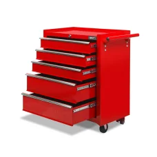 Giantz Red 5 Drawer Steel Tool Box Cabinet Chest Trolley, 75kg Capacity, Lockable, Non-Slip Liners, 360° Castor Wheels