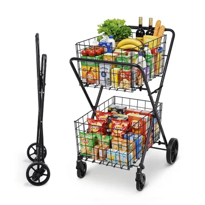 Emajin Foldable Shopping Trolley Cart - Durable Metal Frame, 360° Swivel Wheels, 75x95x62.5cm, Black, Easy Assembly