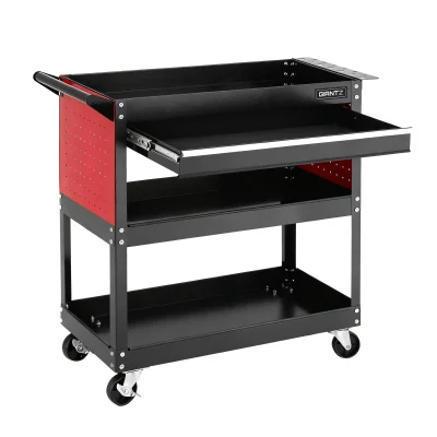 Giantz 100kg Tool Trolley Cart: Steel Rolling Cabinet with Drawers & Pegboard, 83x78x35cm, Black & Red, Garage Organiser