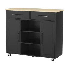 Artiss Kitchen Island Trolley 100cm Black MDF Rolling Cart with Drawers, Cabinets, Shelves & Towel Rack