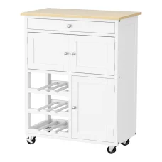 Artiss Kitchen Island Trolley Rolling Cart, MDF, White & Oak, 67x38x86.5cm, Storage Drawer, Cupboard, Lockable Wheels